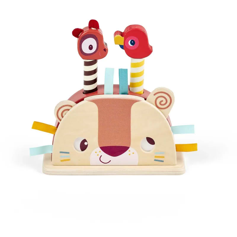 Gioco di abilità pop-up per neonati con animali in legno: i bastoncini, quando premuti, saltano, inoltre si possono muovere gli occhi del leone tirandogli le orecchie - perfetto per i neonati dai 12 mesi in su!